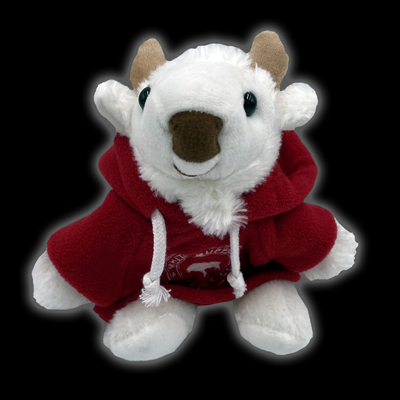 This adorable stuffed buffalo plush toy comes with a mini White Buffalo Coffee branded hoodie.